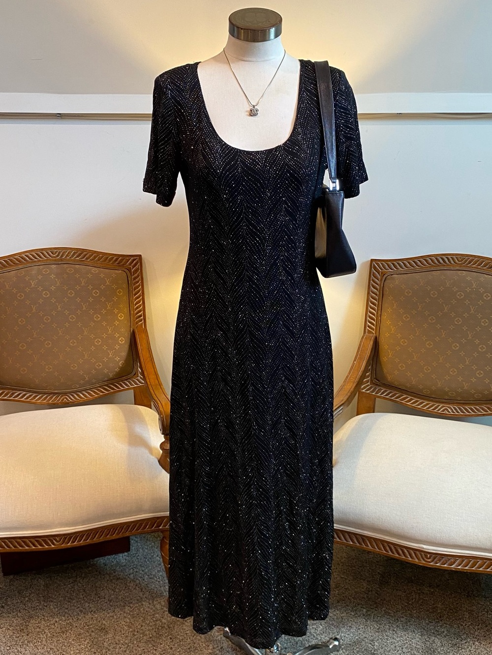 Vintage 90s Sparkling Black Rayon Maxi Dress 10 Whimsygoth Fairy Glam